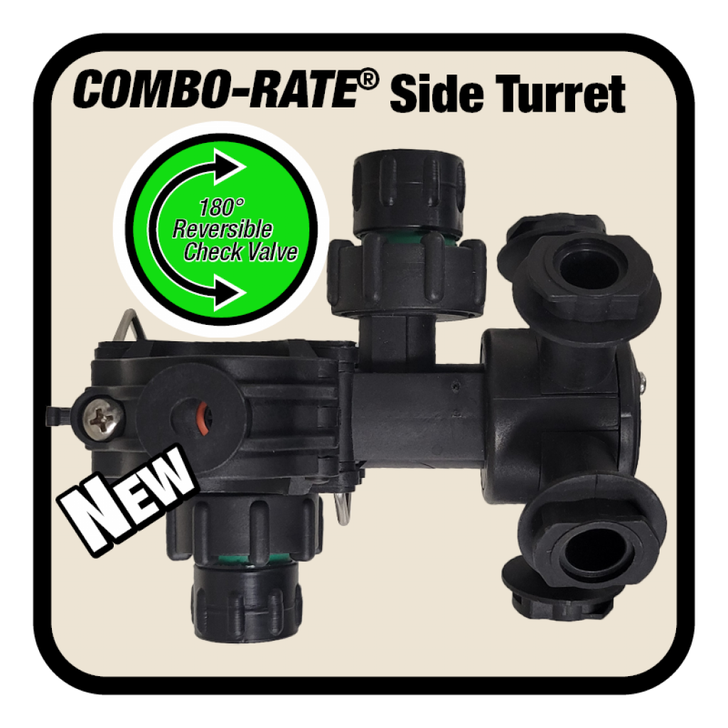 The Combo-Rate side turret uses a pair of check valves, with the orientation of the turret check valve using a common inlet being offset to avoid interference from a check valve, solenoid, or other methodology of controlling the flow to the turret module. The two check valve controlled outlets can be used independently or in unison.